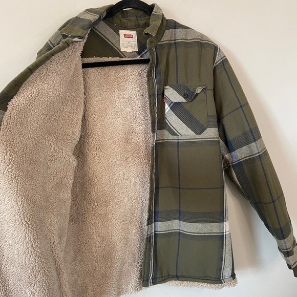 Levis Green Blue Plaid Flannel Shirt Jacket Sherpa Lined Insulated Size Medium - Picture 4 of 8